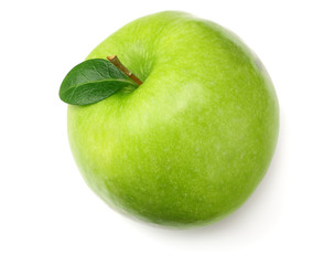 one green apple isolated on white background. top view
