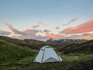 Botnar-Ermstur campsite and sunset above volcanic landscape, Laugavegur Trail from Thorsmork to...