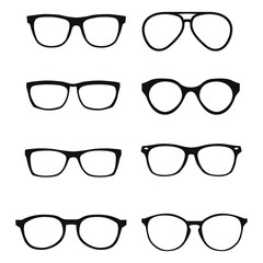 A set of glasses isolated. Vector glasses model icons. Sunglasses, glasses, isolated on white background. Silhouettes. Various shapes - stock illustration.