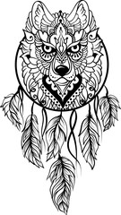 Naklejki  Rysunek wilka w etnicznym stylu plemiennym z łapaczem snów, piórami, czarną grafiką na białym tle
