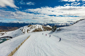 New Zealand mountain panorama and ski slopes as seen from Coronet Peak ski resort, Queenstown