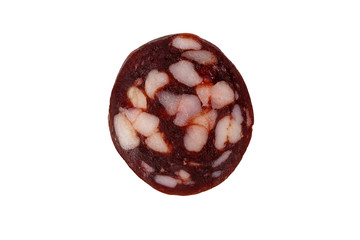 Slice of salami sausage isolated on white background