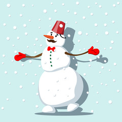Happy snowman in a striped scarf on the eve of Christmas. Illustration in flat style.