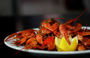 Cooked crayfish, with lemon on a plate