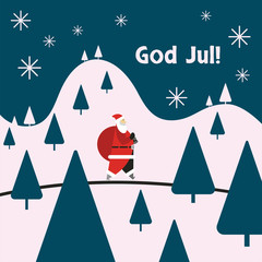 God Jul, which is swedish or norwegian and means Merry christmas and Happy new year 2019 with santa claus. Santa with gifts is walking through the forest.