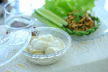 Bananas in coconut milk sweet thai dessert healthy food.