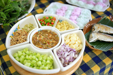 Vegetable slices topping for Thai mackerel lettuce wrap with spicy sauce recipe.