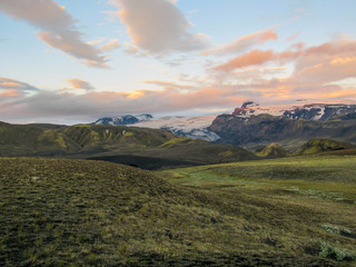 Stunning sunset with and Myrdalsjokull glacier, Katla caldera, Botnar-Ermstur, Laugavegur Trail, southern Iceland