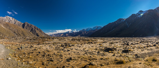 Blue Lakes and mountains on the Tasman Valley Walk and Tasman Glacier View, South Island, New Zealand