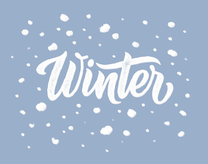 Winter background with Winter calligraphic text and snow. Typography poster, card, logo for print and web. Vector winter illustration. EPS10.