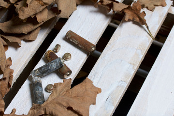 Spent batteries, coated with corrosion. Different shapes and sizes. They lie on a wooden box among the dead autumn leaves. Environmental protection, recycling.