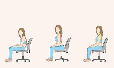 correct and incorrect posture when sitting on a chair. medical recommendations. vector illustration.