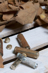 Spent batteries, coated with corrosion. Different shapes and sizes. They lie on a wooden box among the dead autumn leaves. Environmental protection, recycling.