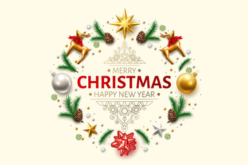 Vector christmas background spruce star ribbon bow