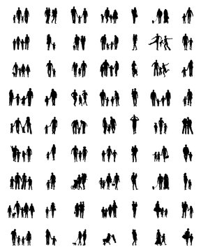 Black silhouettes of families in walking on white background