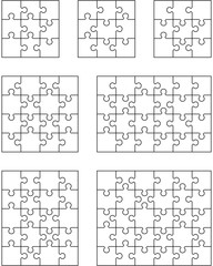 Vector illustration of seven different white puzzles, separate pieces