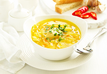 Russian traditional soup with cabbage,