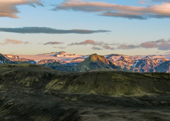 Fototapeta premium Epic sunset above Eyjafjallajokull and Myrdalsjokull landscape, Katla caldera, Botnar-Ermstur, Laugavegur Trail, southern Iceland