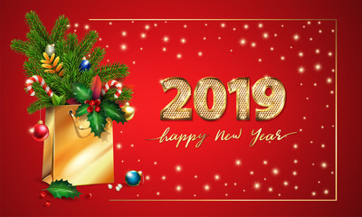 Gold Vector text Happy New Year and 3d golden digits 2019. 3d Shopping bag, spruce, fir branches, christmas toys, holly