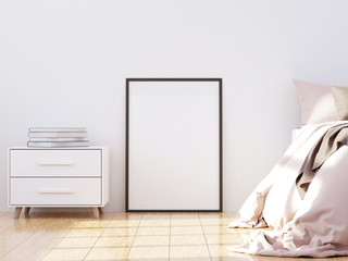 Obraz premium Bright and cozy modern bedroom interior design, light walls, gray blanket,soft pillows, white furniture. 3D render.