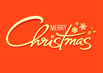 Christmas holidays typography in retro style. Merry Christmas handwritten lettering. Shining text with snowflakes isolated on red orange background. Vector.