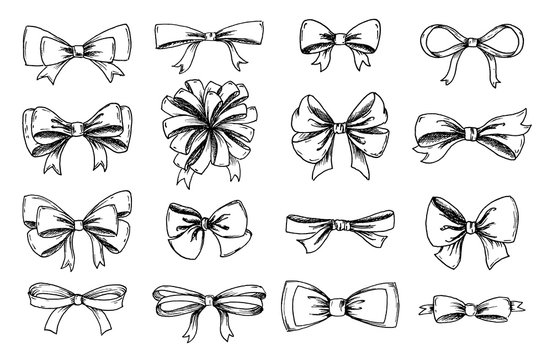 Vector hand drawn collection of lush bows and confetti. Vintage decoration for traditional holidays and gift boxes. Concept illustration.