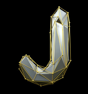 Capital latin letter J in low poly style silver and gold color isolated on black background. 3d