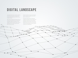 Wireframe polygonal landscape. Mountains with connected lines and dots. Vector illustration.