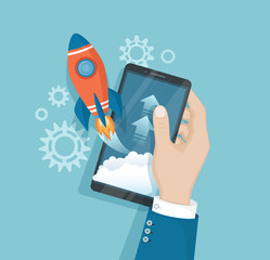 Smartphone with launch rocket startup from the screen. Phone with mobile application in the hand. Business planning idea of successful project start up, boost technology, innovation strategy. Vector