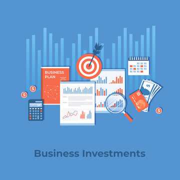 Business investment, financial planning, strategy, management. Diagram graph chart on documents, business plan, money, calendar, calculator, magnifier, target. Growth and investment risk. Vector 