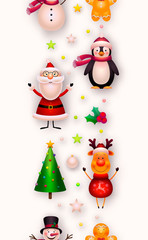 Vector Christmas background. Vertical line seamless pattern, frame, flat lay. Holiday decoration. Christmas ornaments and toys - santa claus, reindeer, christmas tree, snowman, star, candy cane, holly