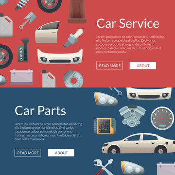 Vector car parts web banner templates illustration. Set of poster car service