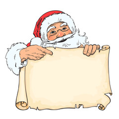 Cartoon Santa Claus pointing to blank, empty scroll with place for text. Vintage Santa peeping from behind old paper. Christmas ,new year design. Sketch style hand drawn vector.