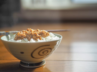 Natto(fermented soybeans) rice, Japanese food.