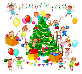 Obraz na płótnie Canvas Happy kids decorate Christmas tree