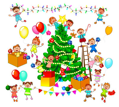 Happy kids decorate Christmas tree