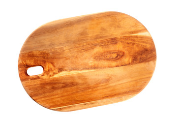 A photo of a wooden cutting board, isolated on a white background with a clipping path. A culinary frame with copy space