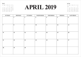 April 2019 desk calendar vector illustration