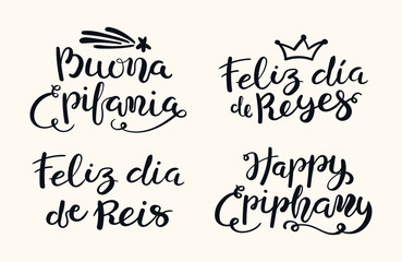 Set of hand written Epiphany lettering quotes in English, Italian, Spanish, Portuguese. Isolated objects on white background. Hand drawn vector illustration. Design concept, element for card, banner.
