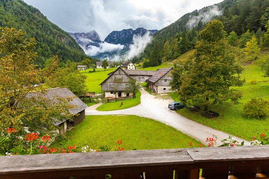 Alpine village houses Slovenia landscape scenic view