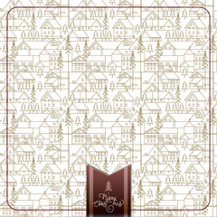 New year and Christmas snowy winter pattern with coniferous forest, pines, cottages and hand drawn Merry Christmas typography . Celebration design and quotation for web, poster, card, postcard, event