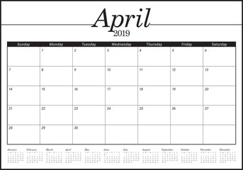 April 2019 desk calendar vector illustration