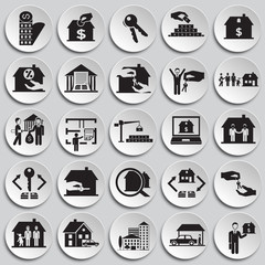 Real estate and mortgage set on plates background icons