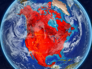 NAFTA memeber states from space on model of planet Earth with country borders. Extremely fine detail of planet surface and clouds.