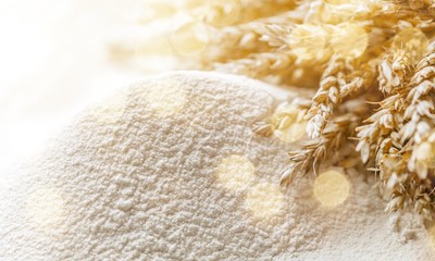 Wheat ears and flour on  background