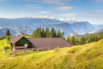 Fototapeta na wymiar Alpine mountain village house Slovenia landscape scenic view
