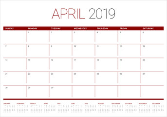 April 2019 desk calendar vector illustration