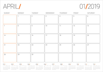 April 2019 desk calendar vector illustration