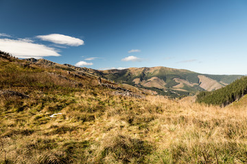 autumn Nizke Tatry mountain range from sedlo Javorie mountain pass above Demanovska dolina valley in Slovakia