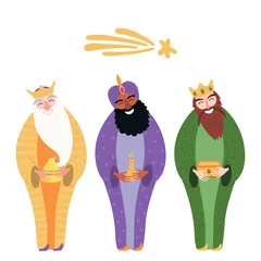 Poster Hand drawn vector illustration of three kings of orient with gifts, star. Isolated objects on white background. Flat style design. Concept, element for Epiphany card, banner. © Maria Skrigan